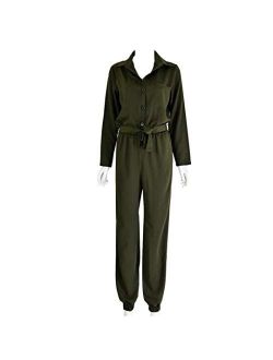 MilaBrown Women Spring Casual Roll Up Sleeve Tapered Jumpsuits Mid Waist Belted Tooling Rompers
