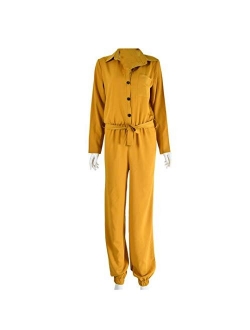 MilaBrown Women Spring Casual Roll Up Sleeve Tapered Jumpsuits Mid Waist Belted Tooling Rompers