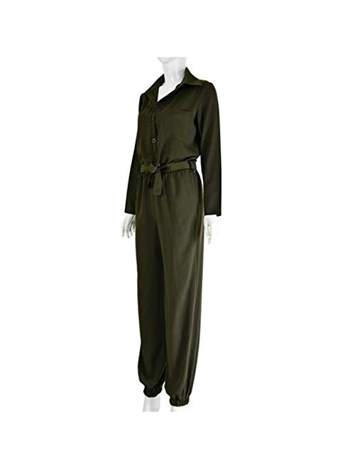 MilaBrown Women Spring Casual Roll Up Sleeve Tapered Jumpsuits Mid Waist Belted Tooling Rompers