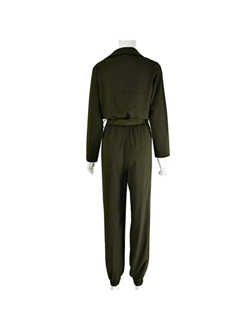 MilaBrown Women Spring Casual Roll Up Sleeve Tapered Jumpsuits Mid Waist Belted Tooling Rompers