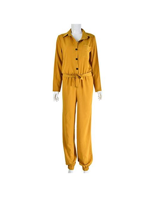 MilaBrown Women Spring Casual Roll Up Sleeve Tapered Jumpsuits Mid Waist Belted Tooling Rompers