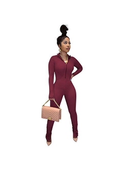 MilaBrown Women Spring Sexy V Neck Solid Skinny Rompers Wear Zipper Long Sleeves Clubwear