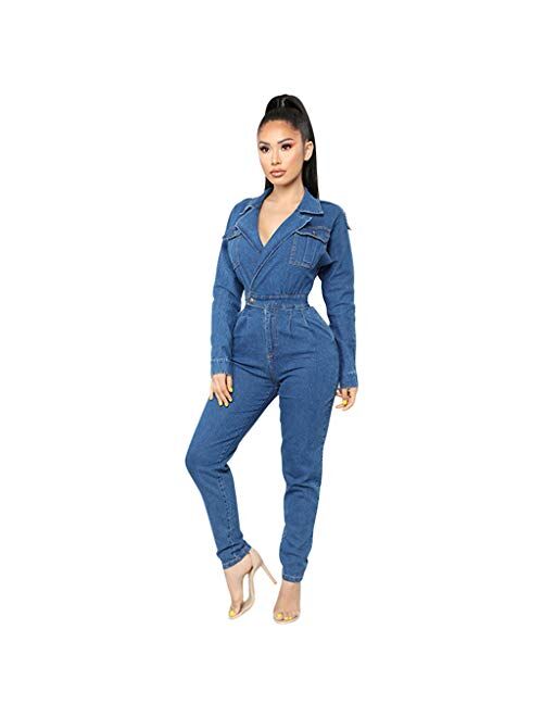 FIRERO Sexy Jumpsuit Denim Jeans Womens Long Pants Overalls V Neck Slim Romper Trousers