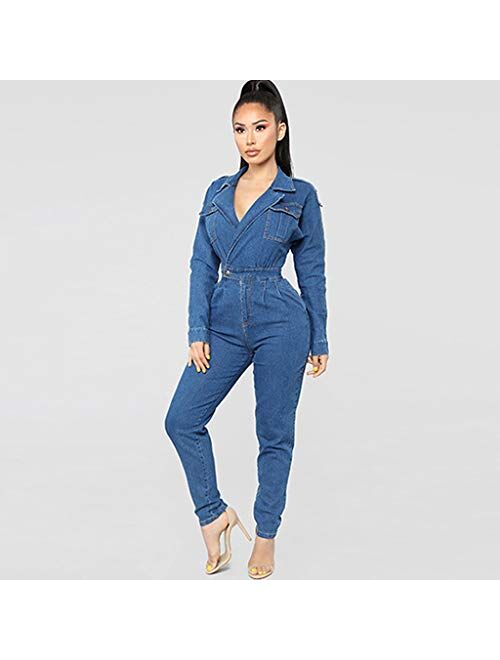 FIRERO Sexy Jumpsuit Denim Jeans Womens Long Pants Overalls V Neck Slim Romper Trousers