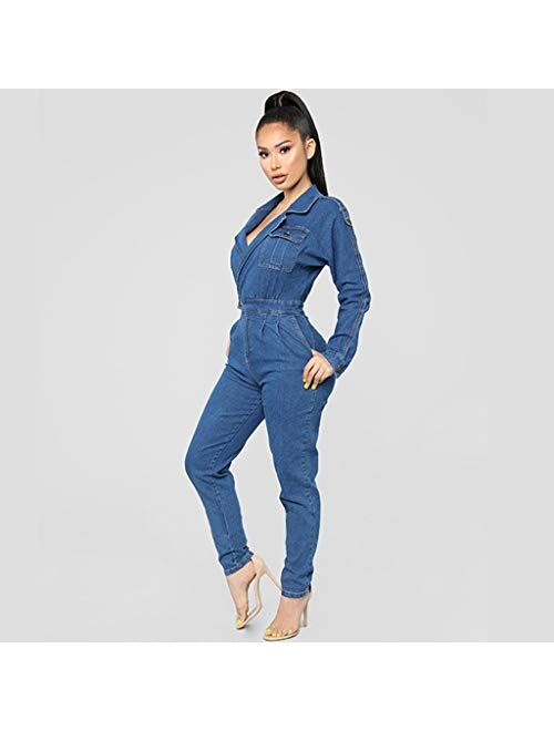 FIRERO Sexy Jumpsuit Denim Jeans Womens Long Pants Overalls V Neck Slim Romper Trousers