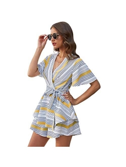 QUNANEN Womens Short Sleeve V Neck Striped Printed Backless Short Jumpsuit Rompers