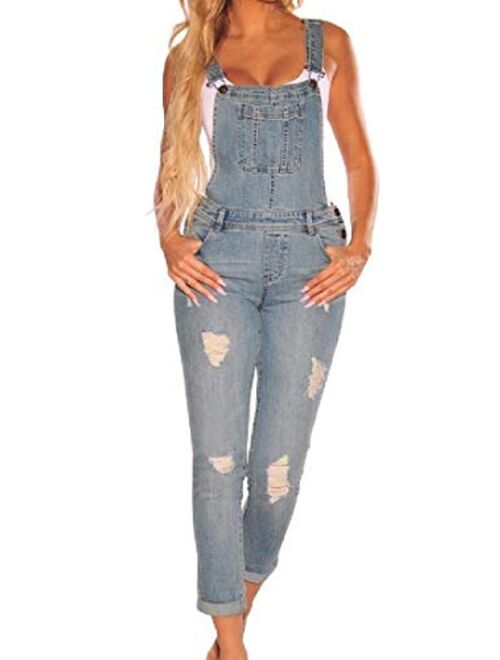 WAWAYA Women's Overalls Basic Denim Stretchy Hole Distressed Jumpsuits Romper