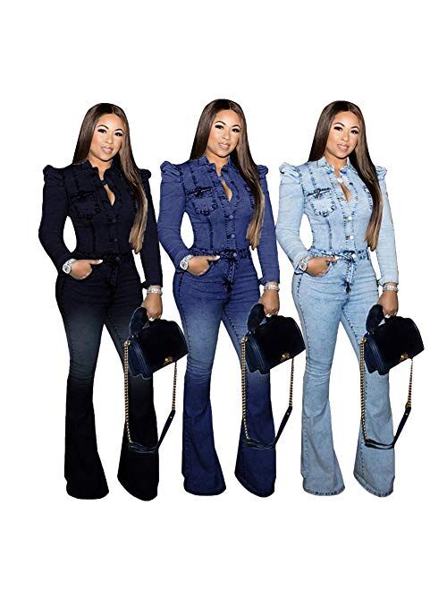 acelyn Women Plus Size Casual Button Down Long Sleeve One Pieces Denim Romper Slim Bell Bottom Jeans Jumpsuit