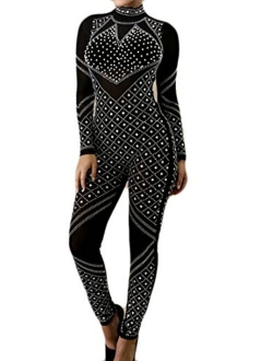 Hurrg Womens Sexy Mesh Perspective Sequins Bandage Night Club Rompers Jumpsuits