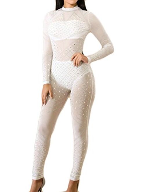 Hurrg Womens Sexy Mesh Perspective Sequins Bandage Night Club Rompers Jumpsuits