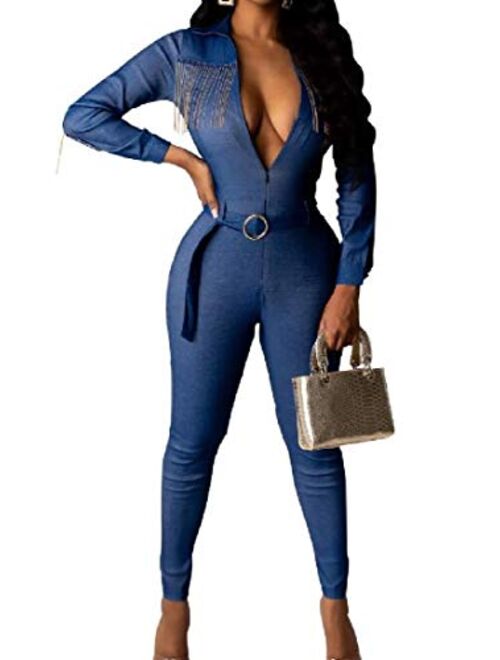 WAWAYA Womens Slim Fit Party Belted Jeans Tassels Casual Zipper Romper Jumpsuits