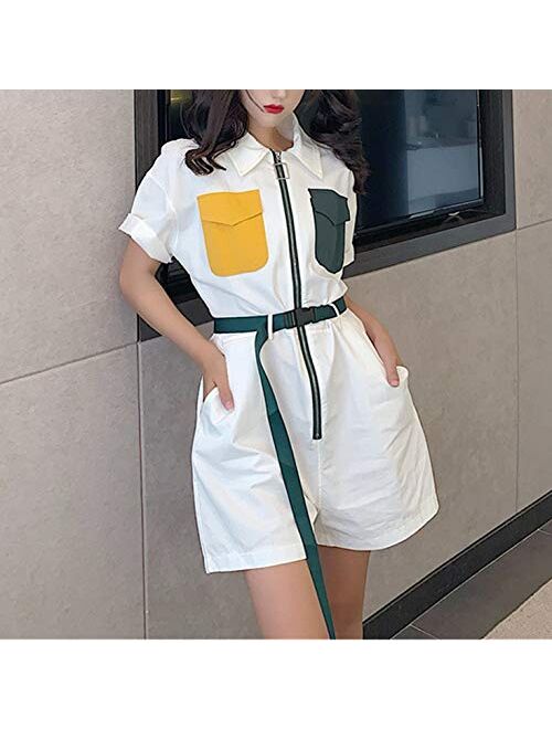 Women Short Sleeve Loose Jumpsuits, Casual Wide Leg Baggy Lapel Playsuit Romper with Front Zipper for Work Vacation Party Streetwear,White,XL