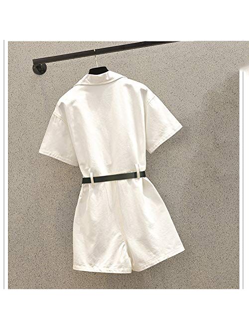 Women Short Sleeve Loose Jumpsuits, Casual Wide Leg Baggy Lapel Playsuit Romper with Front Zipper for Work Vacation Party Streetwear,White,XL