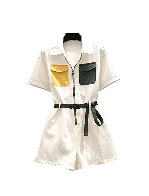 Women Short Sleeve Loose Jumpsuits, Casual Wide Leg Baggy Lapel Playsuit Romper with Front Zipper for Work Vacation Party Streetwear,White,XL