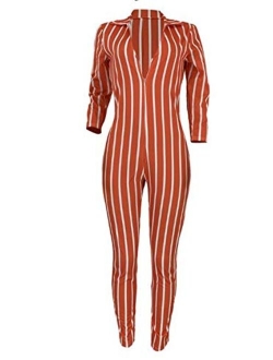 MilaBrown Women Spring Striped Sexy V-Neck Skinny Jumpsuit Lady Full Sleeve Party Romper