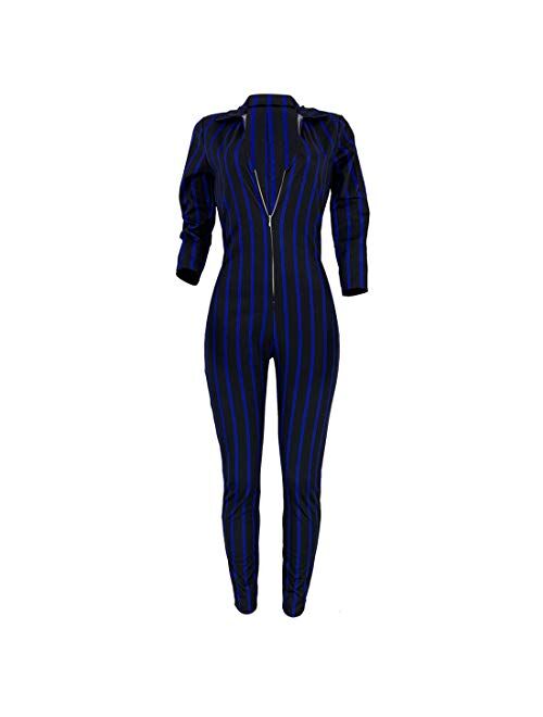 MilaBrown Women Spring Striped Sexy V-Neck Skinny Jumpsuit Lady Full Sleeve Party Romper