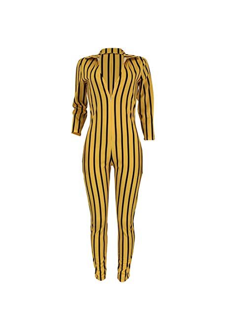 MilaBrown Women Spring Striped Sexy V-Neck Skinny Jumpsuit Lady Full Sleeve Party Romper