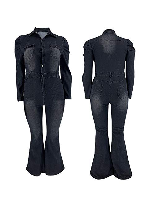 Yowein Women Jeans Jumpsuit Long Pant Slim Button Down Jumpsuit Long Sleeve Top One Piece Denim Jumpsuit Romper Overalls