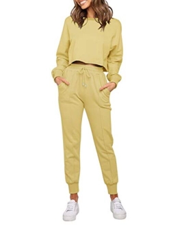 Women's Long Sleeve Crop Top and Pants Pajama Sets 2 Piece Jogger Long Sleepwear Loungewear Pjs Sets