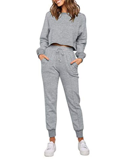 ZESICA Women's Long Sleeve Crop Top and Pants Pajama Sets 2 Piece Jogger Long Sleepwear Loungewear Pjs Sets