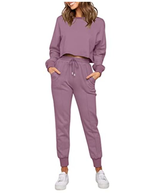 ZESICA Women's Long Sleeve Crop Top and Pants Pajama Sets 2 Piece Jogger Long Sleepwear Loungewear Pjs Sets