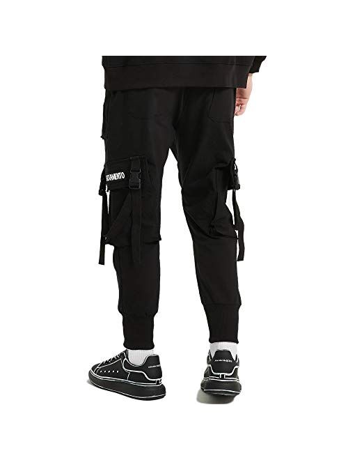 RLJT JIN Mens Drawstring Elastic Waist Harem Pants Hip Hop High Street Casual Joggers Sweatpants with Side Zipper Pockets