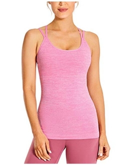 Women's Seamless Built-in Bra Tank Tops Strappy Back Activewear Workout Compression Tops