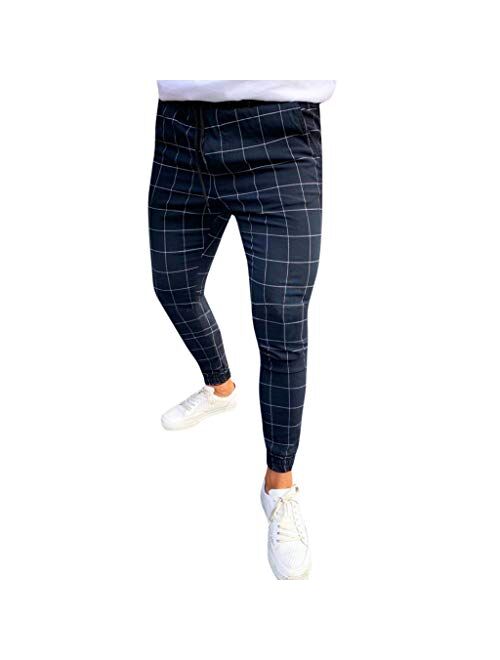 Mens Chinos Slim Fit Stretch Skinny Dress Pants Plaid Drawstring Casual Work Trousers