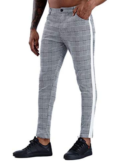 Mens Plaid Slim Fit Stretch Flat-Front Skinny  Tape Side Dress Pants