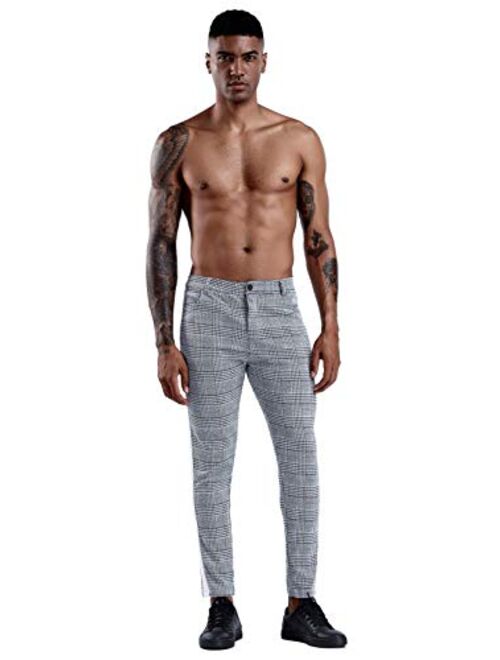 Mens Plaid Slim Fit Stretch Flat-Front Skinny  Tape Side Dress Pants