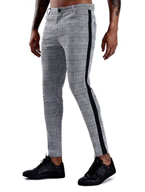 Mens Plaid Slim Fit Stretch Flat-Front Skinny  Tape Side Dress Pants