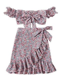 Women's Two Piece Floral Knot Shirred Back Cami Crop Top and Ruffle Wrap Skirt Set