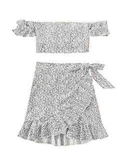 Women's Two Piece Floral Knot Shirred Back Cami Crop Top and Ruffle Wrap Skirt Set