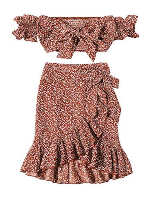 MakeMeChic Women's Two Piece Floral Knot Shirred Back Cami Crop Top and Ruffle Wrap Skirt Set