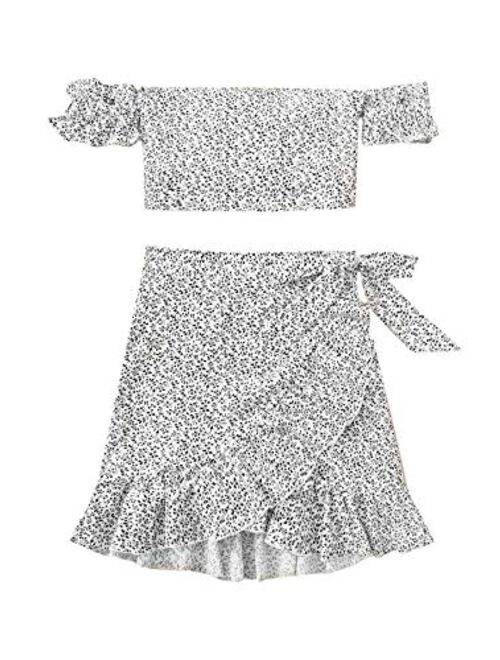 MakeMeChic Women's Two Piece Floral Knot Shirred Back Cami Crop Top and Ruffle Wrap Skirt Set