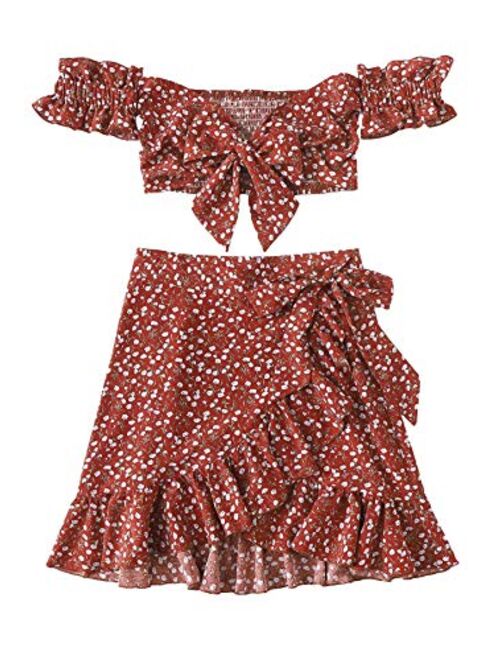 MakeMeChic Women's Two Piece Floral Knot Shirred Back Cami Crop Top and Ruffle Wrap Skirt Set