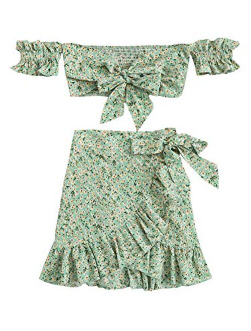 MakeMeChic Women's Two Piece Floral Knot Shirred Back Cami Crop Top and Ruffle Wrap Skirt Set