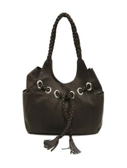 Braided Leather Drawstring Hobo Bag With Zip Pocket