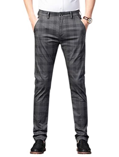 HENGAO Men's Straight Fit Plaid Chino Pants