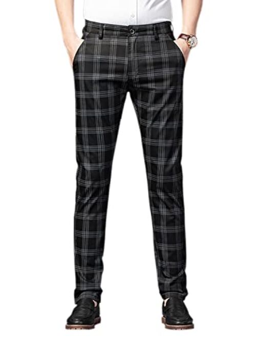 HENGAO Men's Straight Fit Plaid Chino Pants