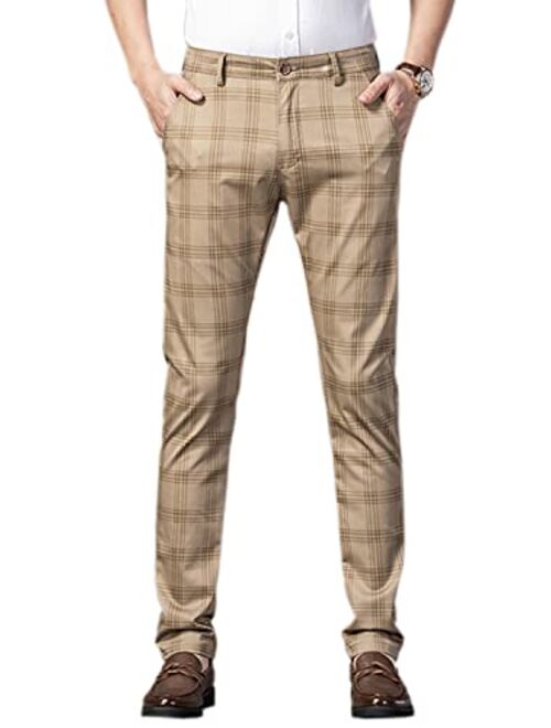 HENGAO Men's Straight Fit Plaid Chino Pants