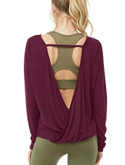 Muzniuer Women's Long Sleeve Open Back t-Shirts Loose Backless Yoga t-Shirts Thumbhole t-Shirts