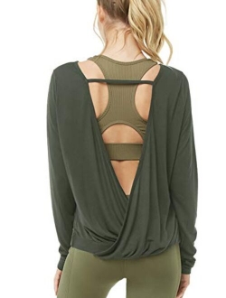 Muzniuer Women's Long Sleeve Open Back t-Shirts Loose Backless Yoga t-Shirts Thumbhole t-Shirts