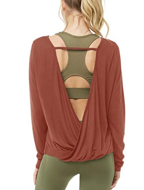 Muzniuer Women's Long Sleeve Open Back t-Shirts Loose Backless Yoga t-Shirts Thumbhole t-Shirts