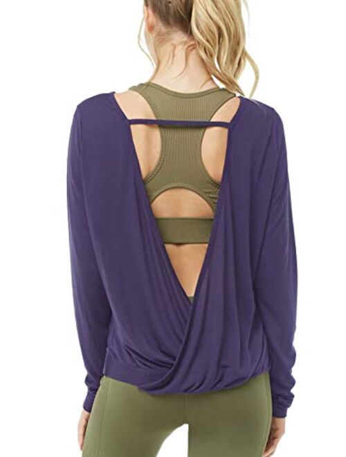 Muzniuer Women's Long Sleeve Open Back t-Shirts Loose Backless Yoga t-Shirts Thumbhole t-Shirts