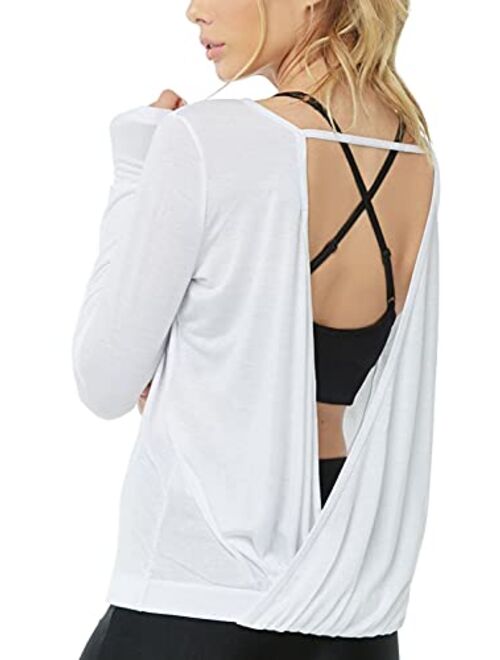 Muzniuer Women's Long Sleeve Open Back t-Shirts Loose Backless Yoga t-Shirts Thumbhole t-Shirts