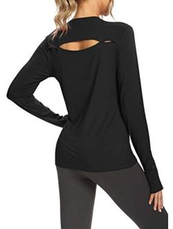 Womens Long Sleeve Workout Tops Open Back Shirts Exercise Gym Clothes Athletic Yoga T Shirts