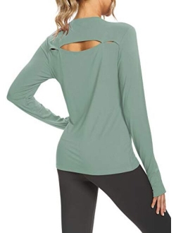 Womens Long Sleeve Workout Tops Open Back Shirts Exercise Gym Clothes Athletic Yoga T Shirts