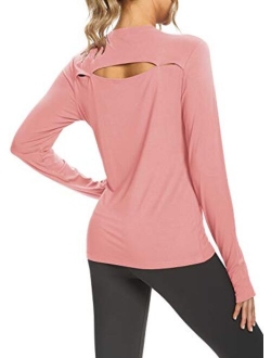 Womens Long Sleeve Workout Tops Open Back Shirts Exercise Gym Clothes Athletic Yoga T Shirts