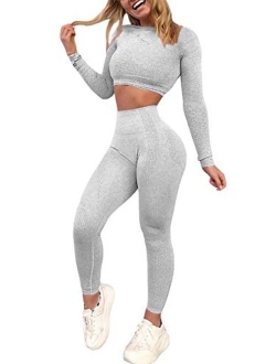 YOFIT Women's Workout Outfit 2 Pieces Seamless High Waist Yoga Leggings with Long Sleeve Crop Top Gym Clothes Set